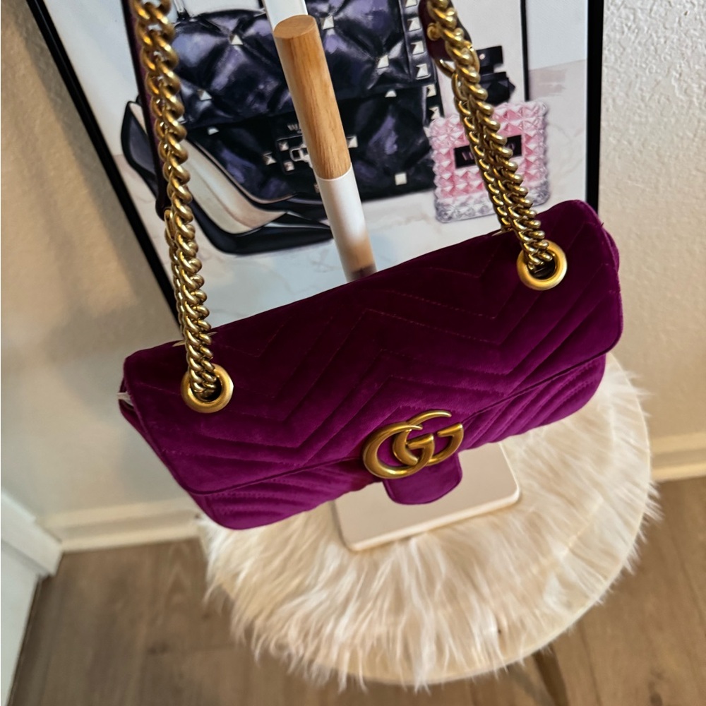 Gucci Purple Velvet GG Marmont Chain Crossbody Bag - Picture 6 of 12